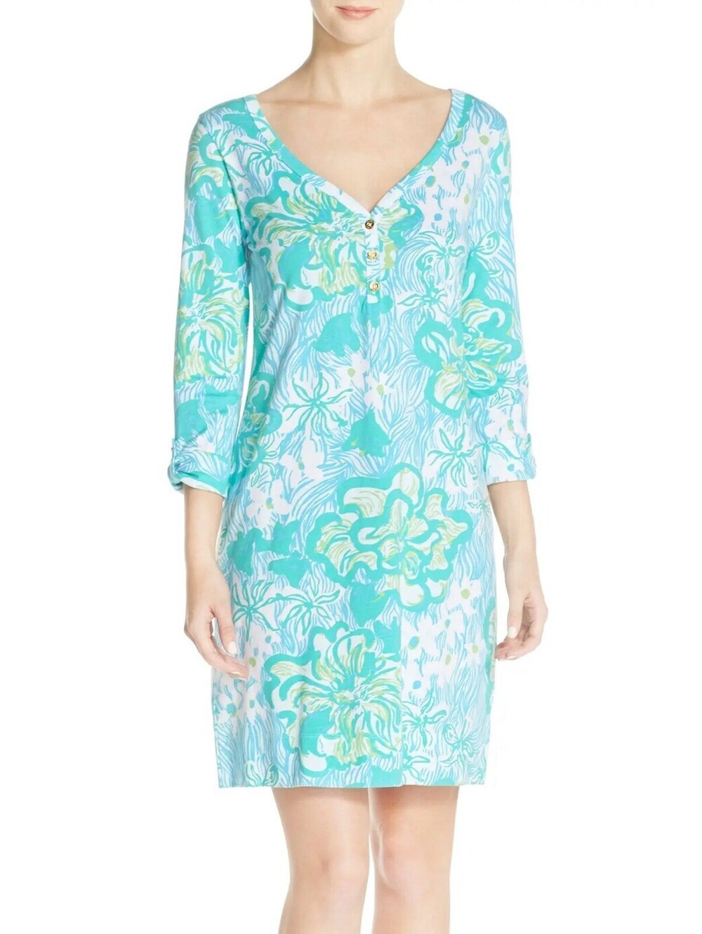 Lilly Pulitzer Palmetto Dress Pima Cotton Henley Medium M Wave Rider Blue Green